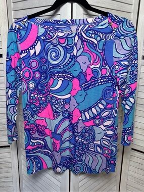 Lilly Pulitzer Blue Pink Abstract Print 3/4 Sleeve Top Size Small